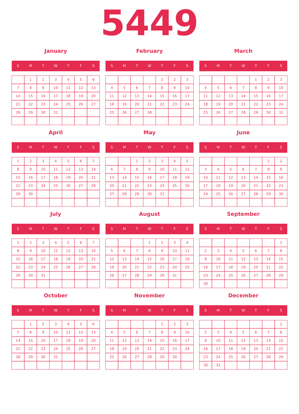 Printable 5449 Year Calendars amaranth