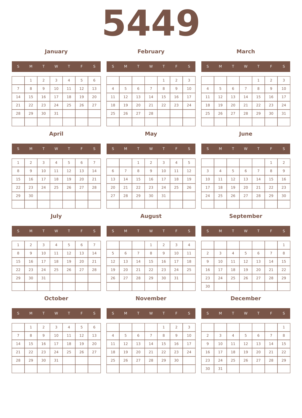 Printable 5449 Year Calendars coffe