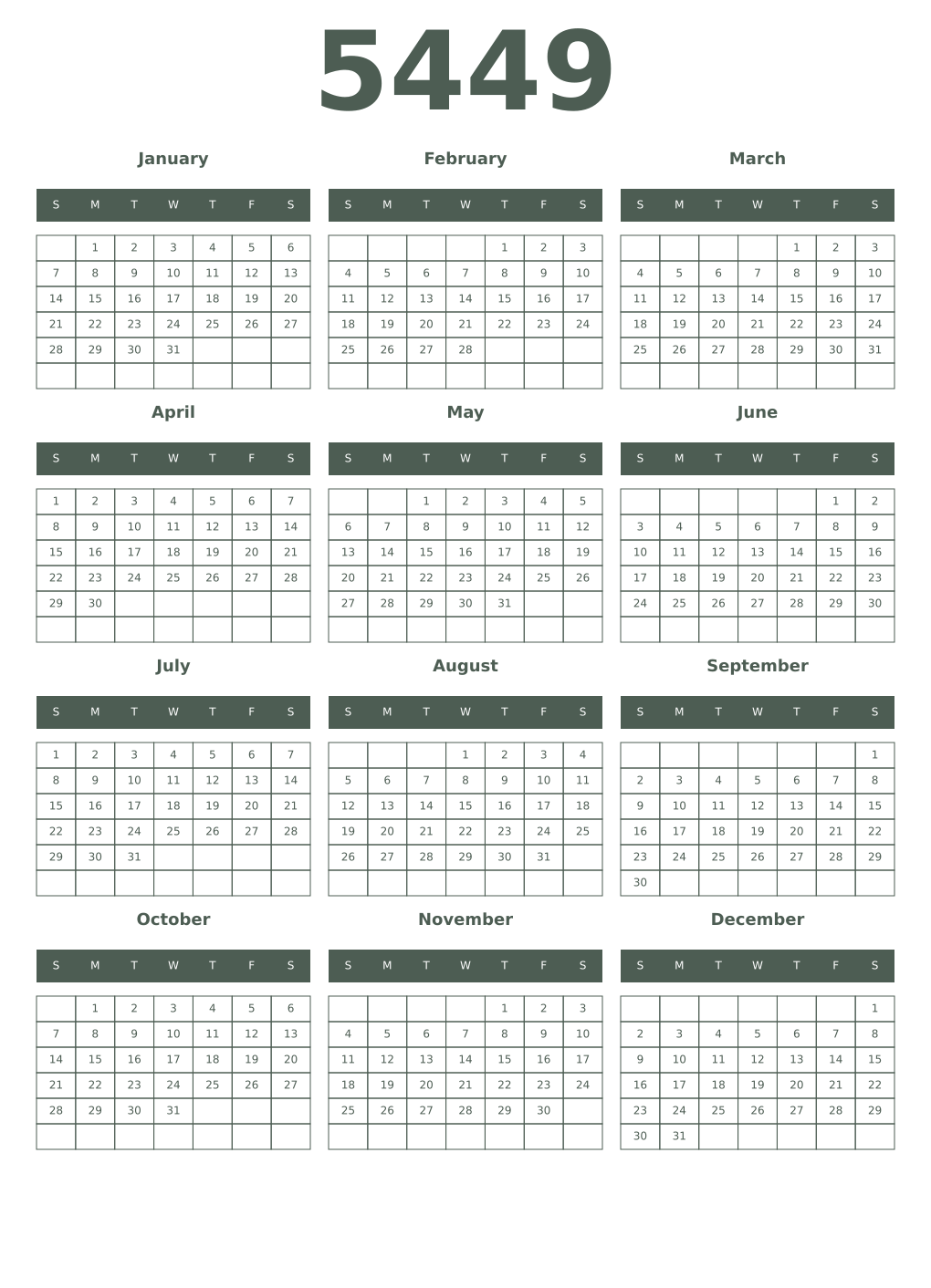 Printable 5449 Year Calendars feldgrau