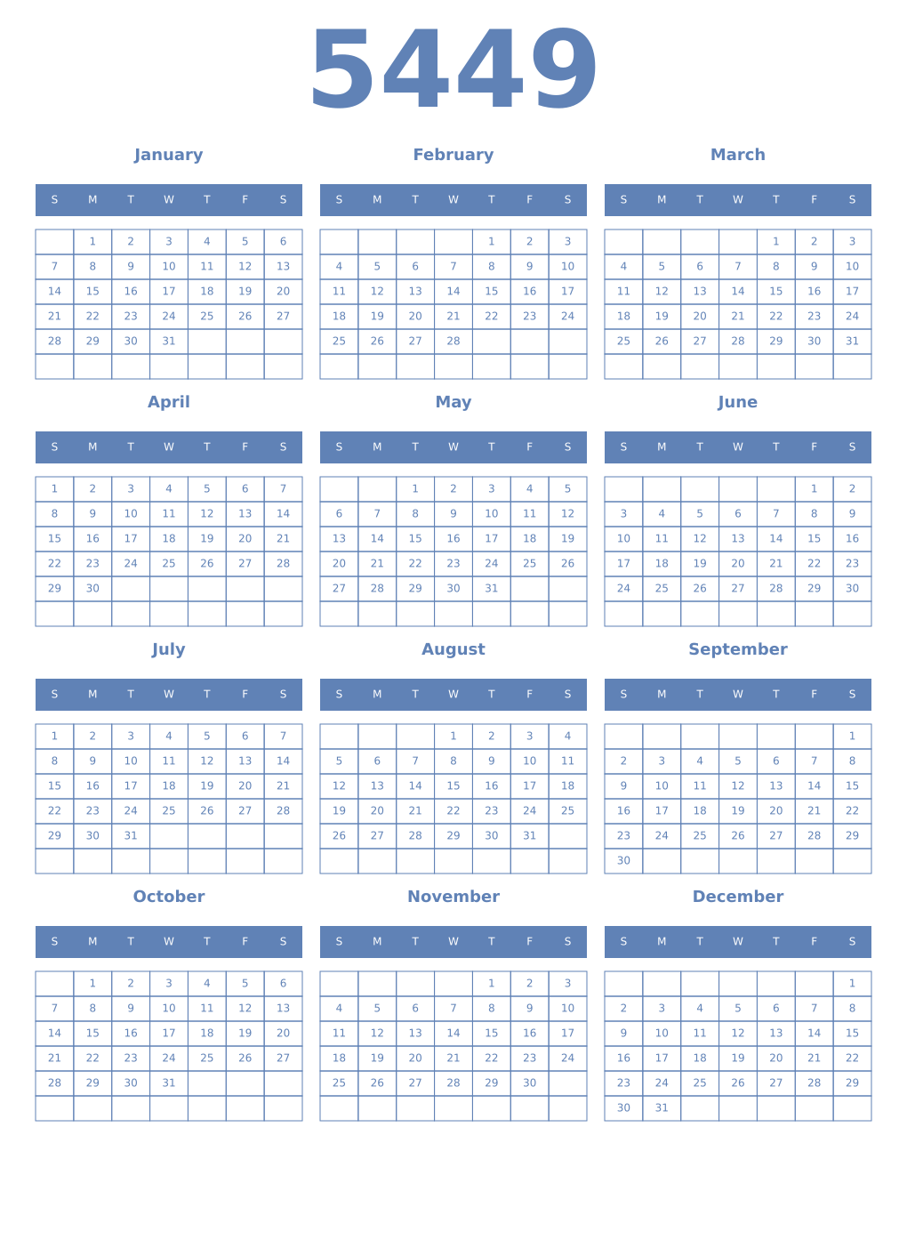 Printable 5449 Year Calendars glaucous