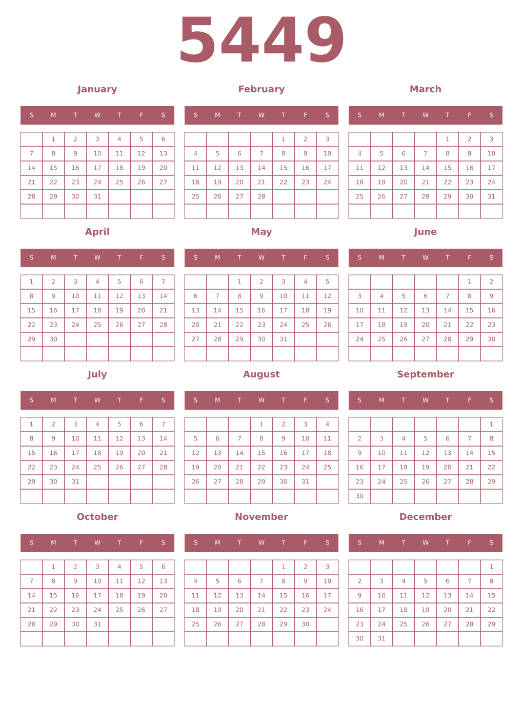 Printable 5449 Year Calendars puce