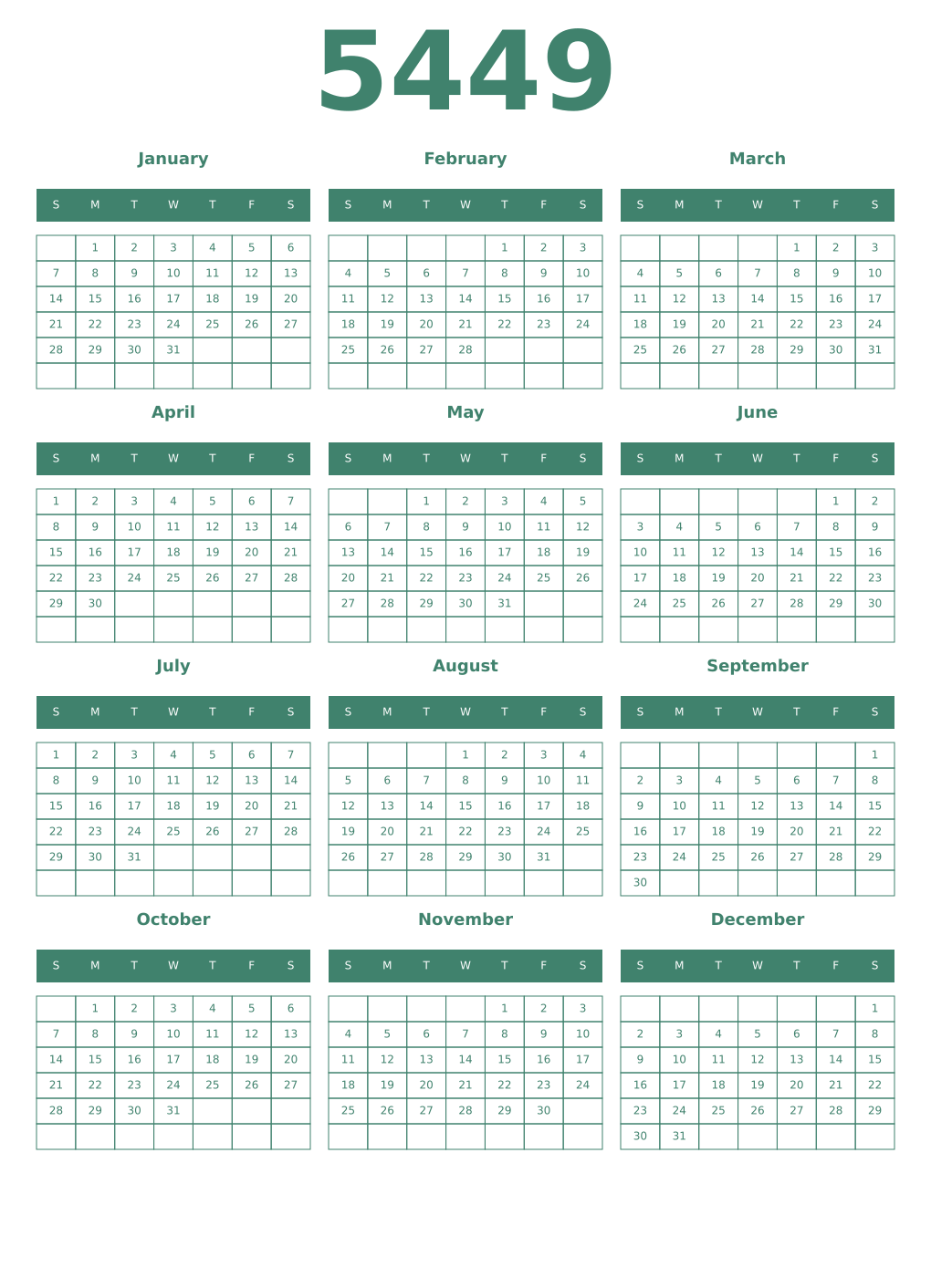 Printable 5449 Year Calendars viridian