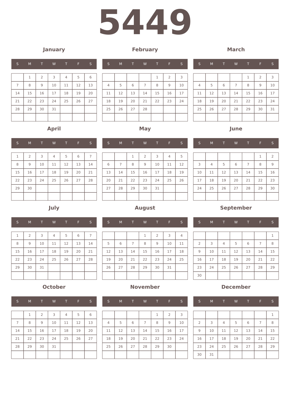 Printable 5449 Year Calendars wenge