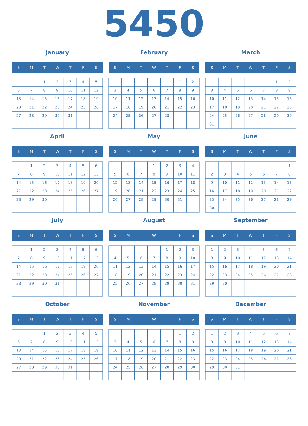 Printable 5450 Year Calendars blue