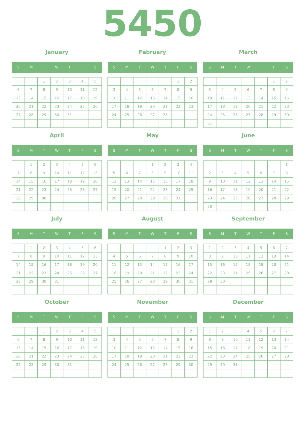 Printable 5450 Year Calendars celadon