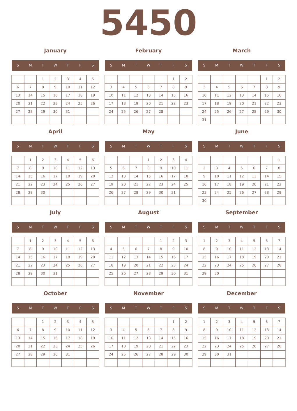 Printable 5450 Year Calendars coffe