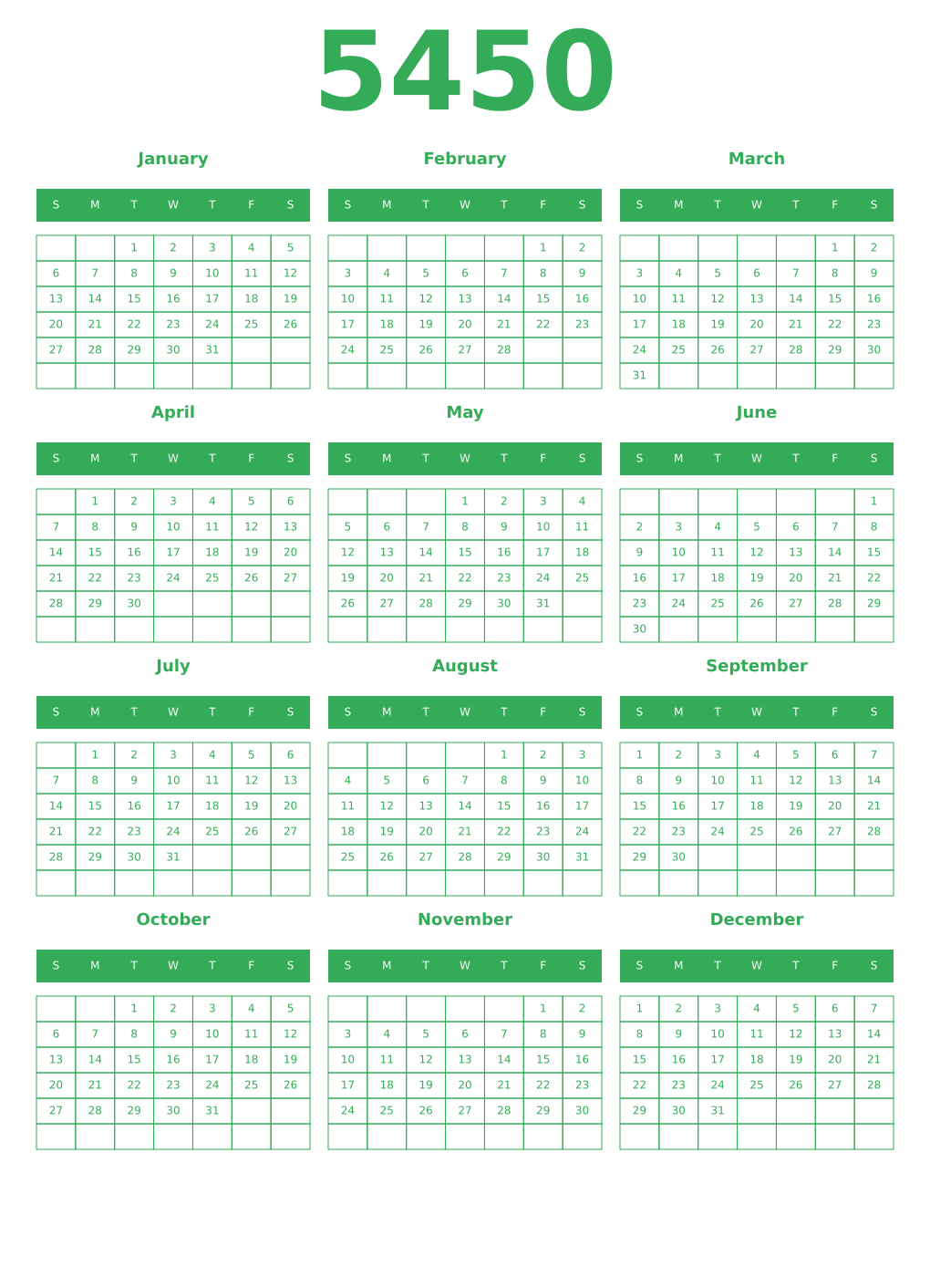 Printable 5450 Year Calendars green