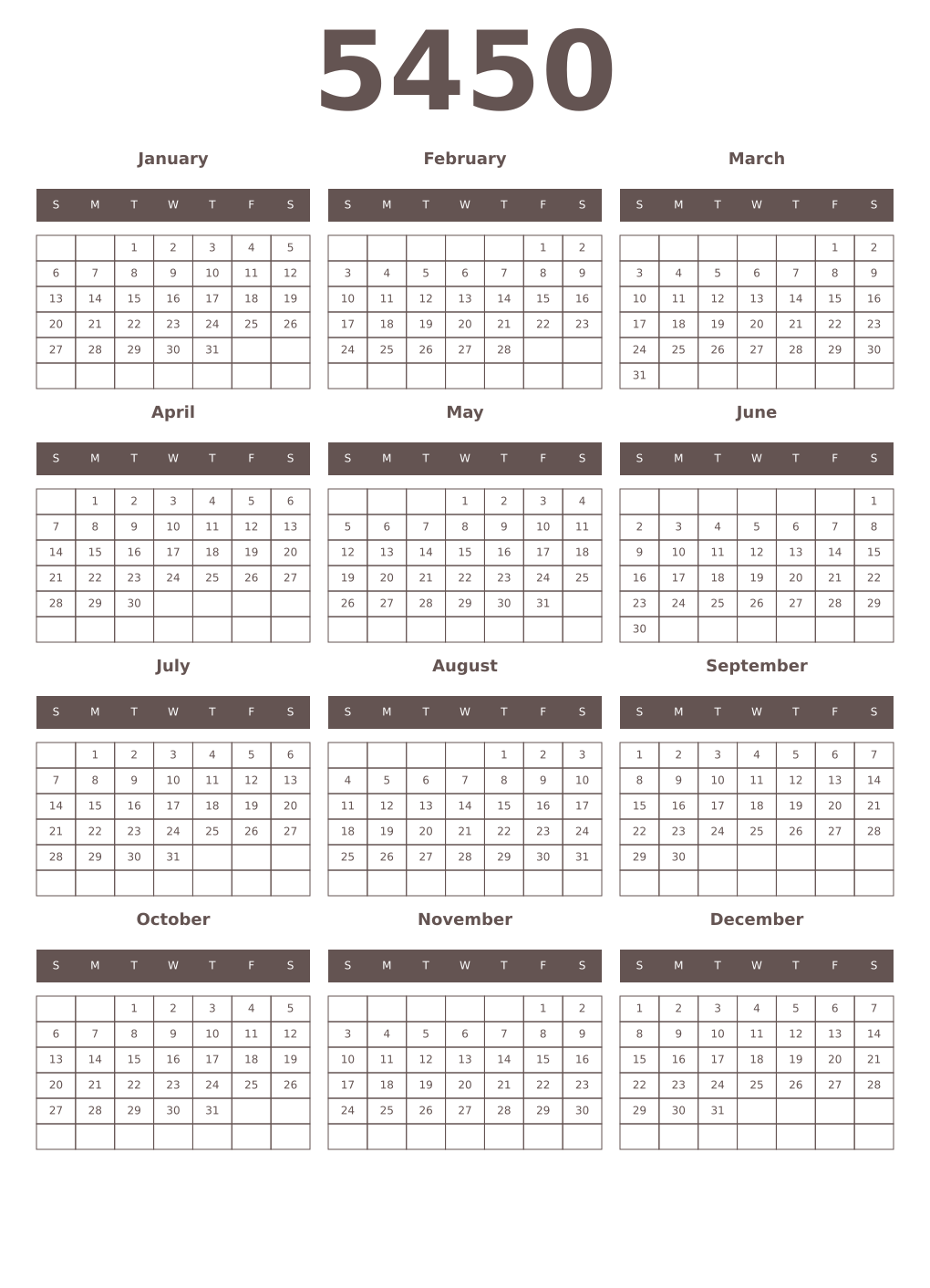 Printable 5450 Year Calendars wenge