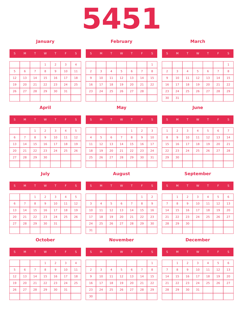 Printable 5451 Year Calendars amaranth