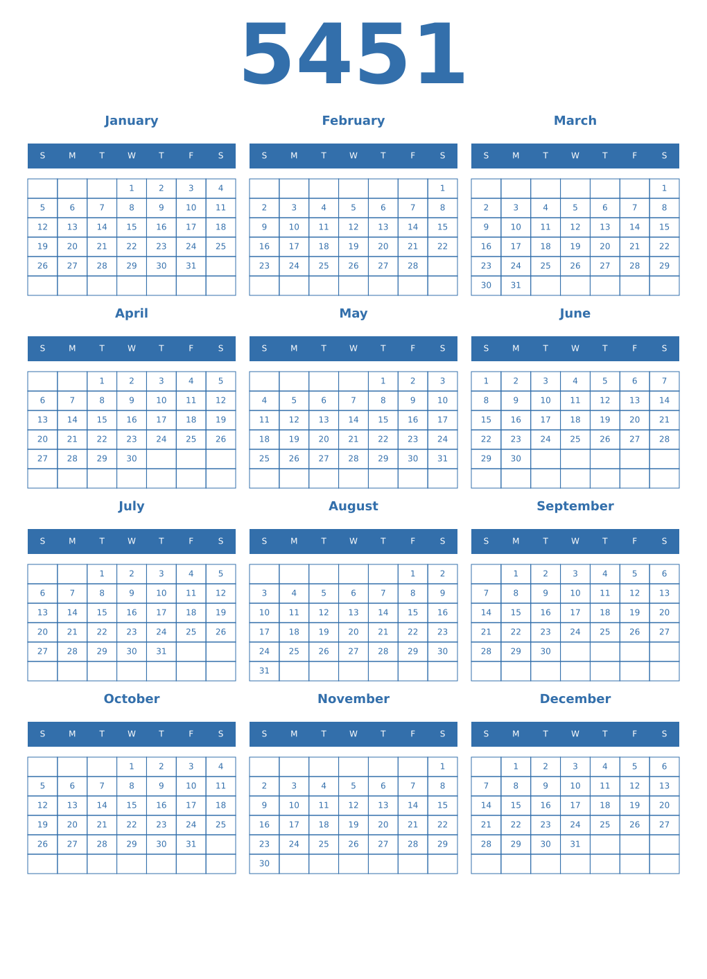 Printable 5451 Year Calendars blue