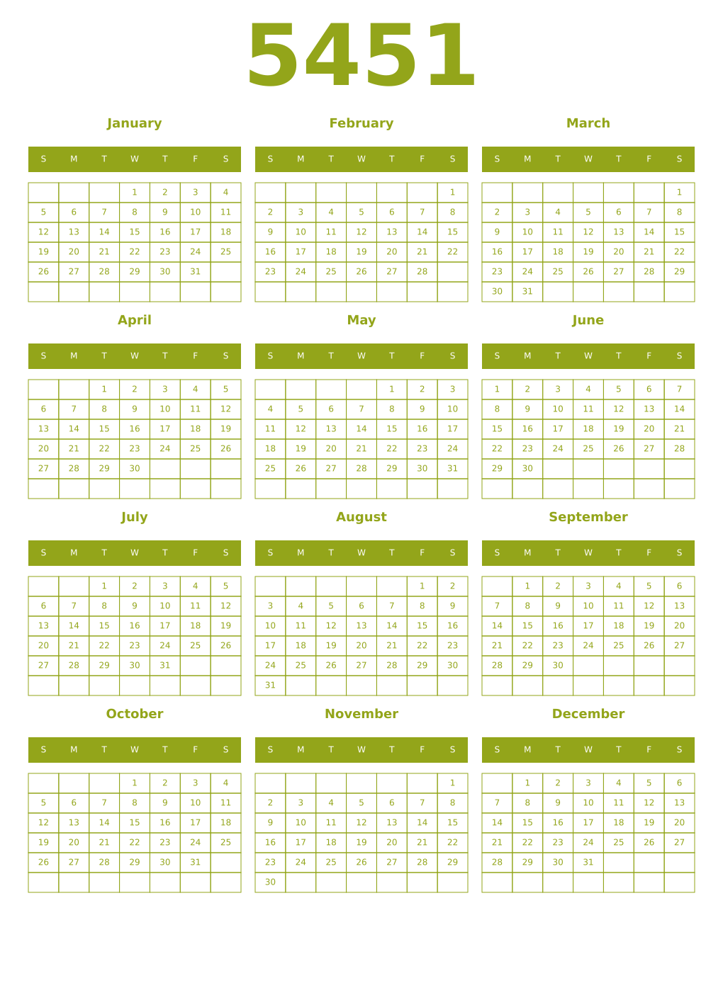 Printable 5451 Year Calendars chartreuse