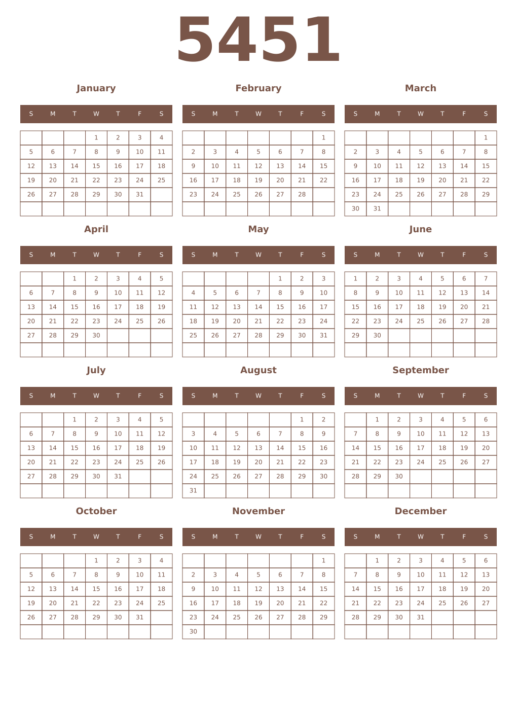 Printable 5451 Year Calendars coffe