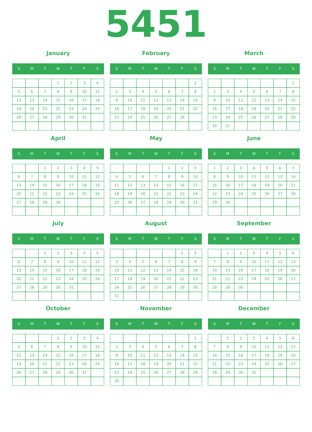 Printable 5451 Year Calendars green
