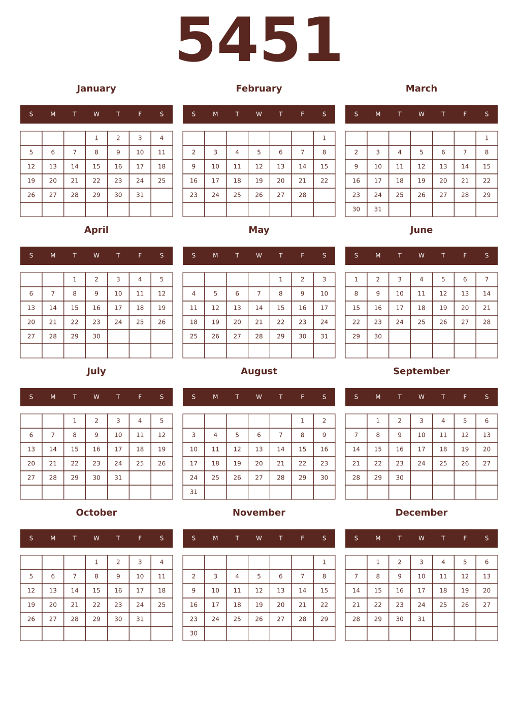 Printable 5451 Year Calendars mortuum