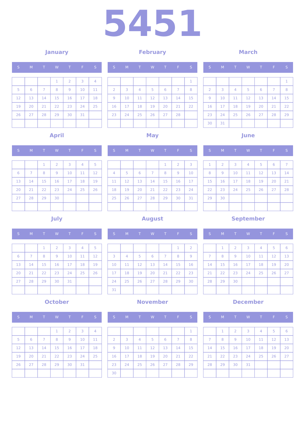 Printable 5451 Year Calendars periwinkle