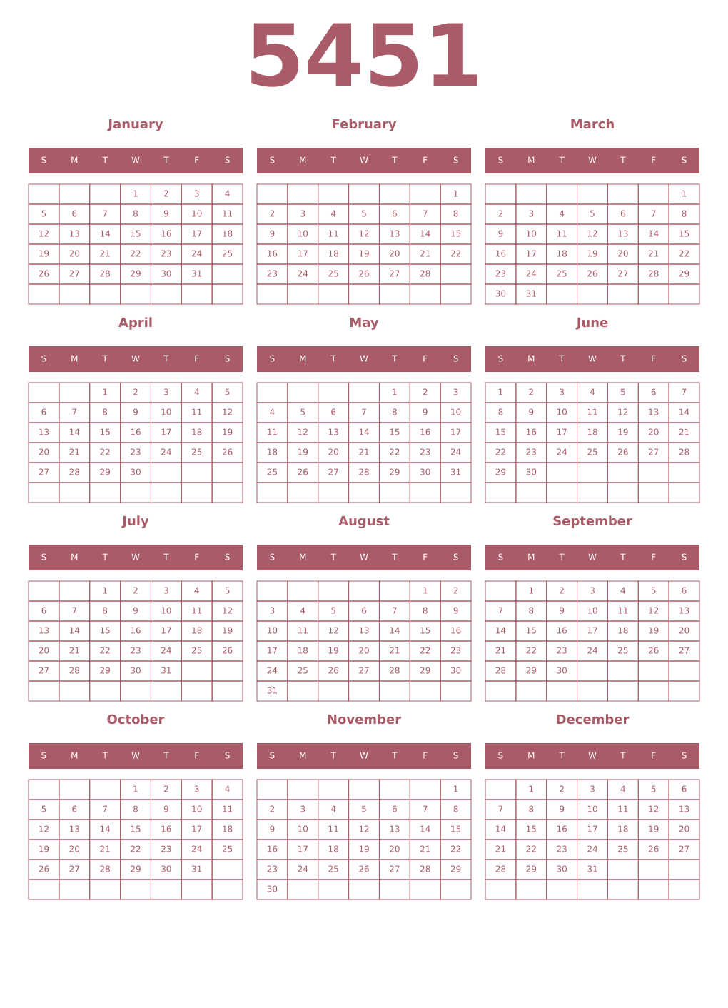 Printable 5451 Year Calendars puce