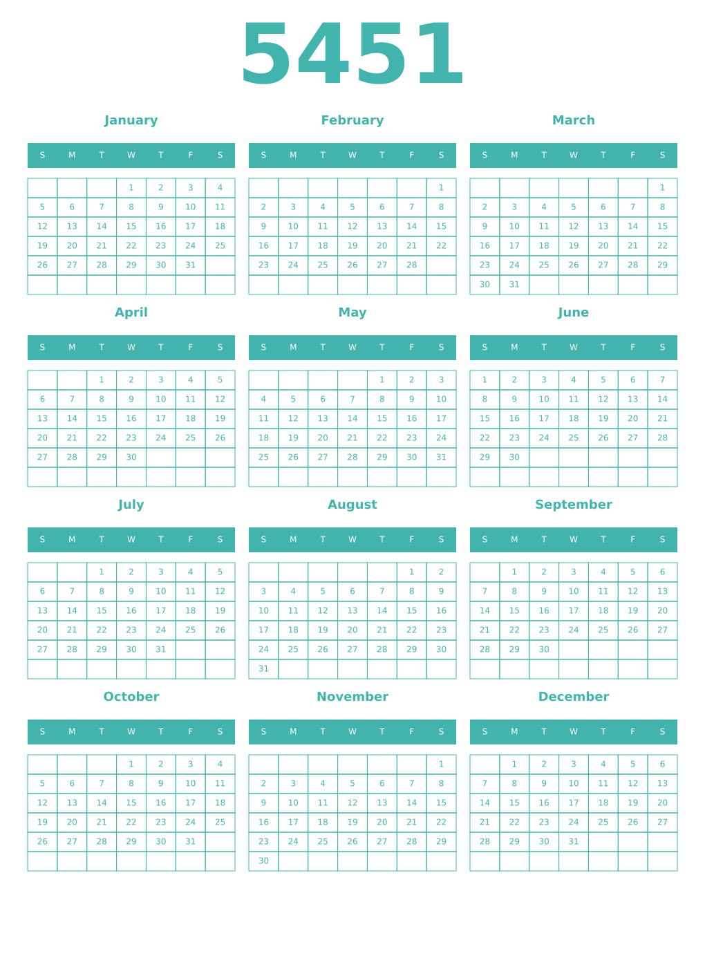 Printable 5451 Year Calendars verdigris