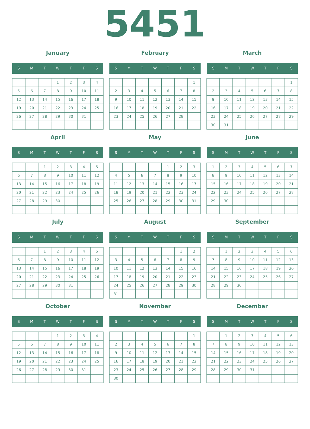 Printable 5451 Year Calendars viridian