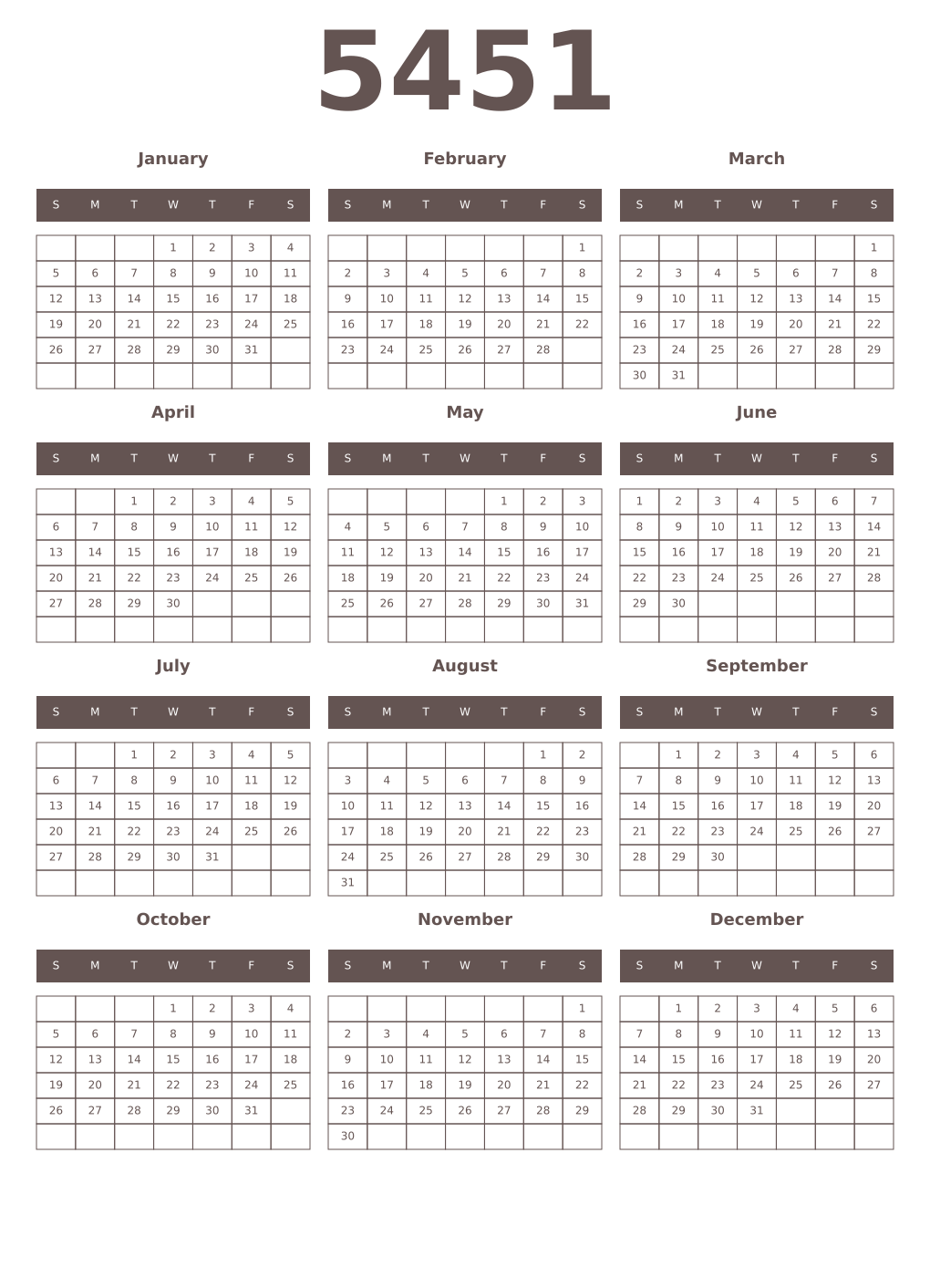 Printable 5451 Year Calendars wenge