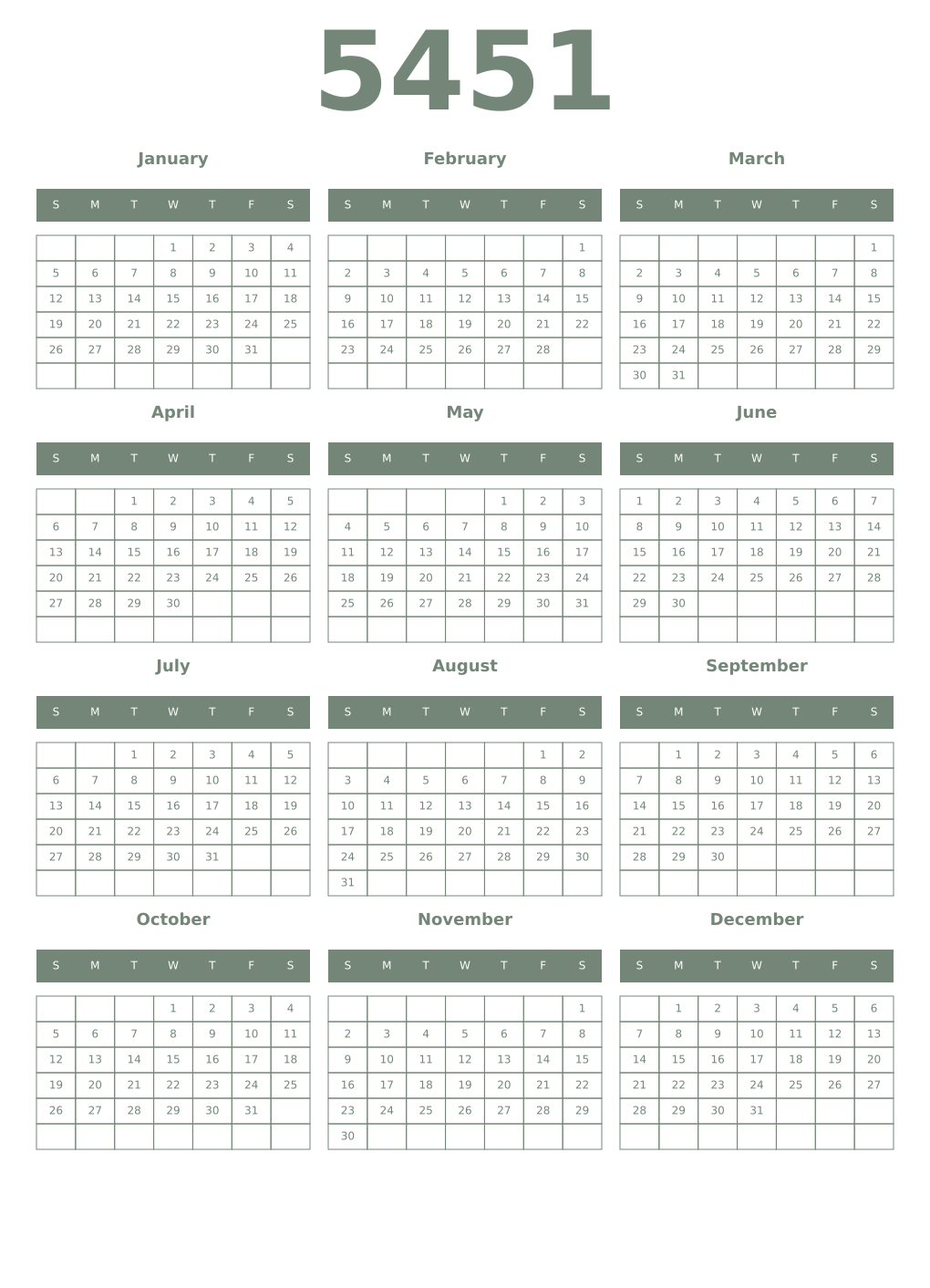 Printable 5451 Year Calendars xanadu