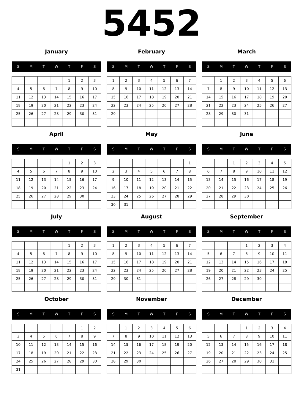 Printable 5452 Year Calendars black
