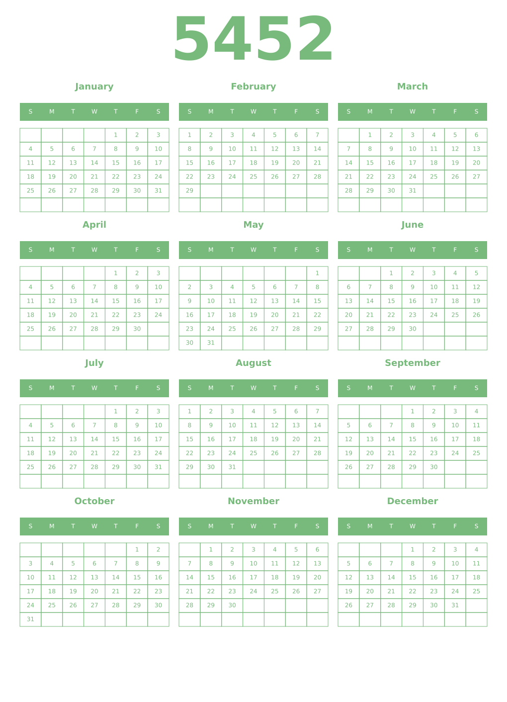 Printable 5452 Year Calendars celadon