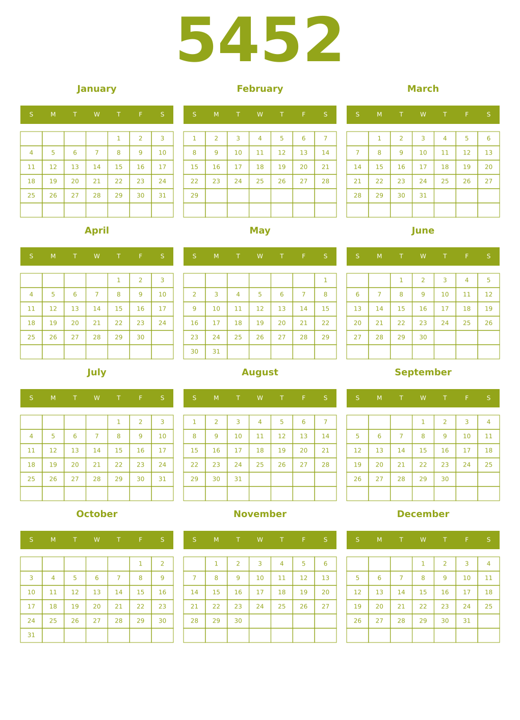 Printable 5452 Year Calendars chartreuse