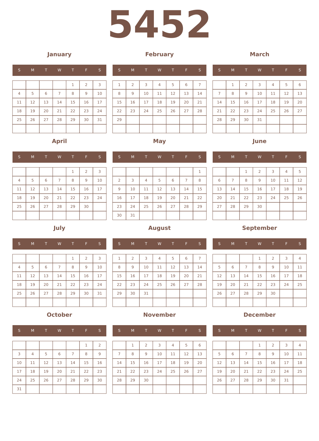 Printable 5452 Year Calendars coffe