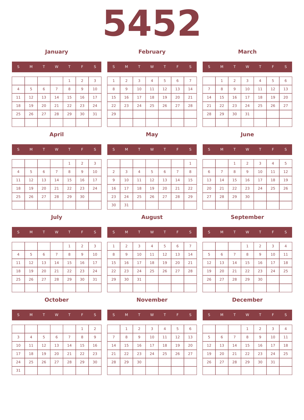 Printable 5452 Year Calendars cordovan