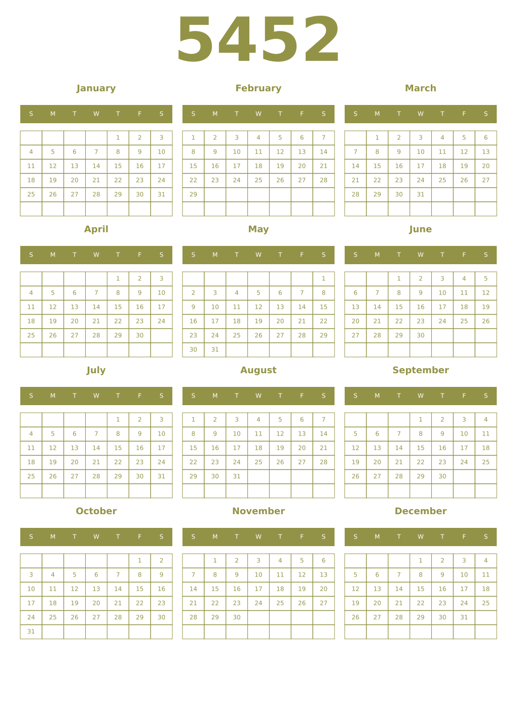Printable 5452 Year Calendars eburnean