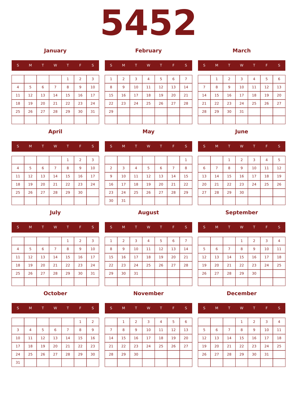 Printable 5452 Year Calendars falu