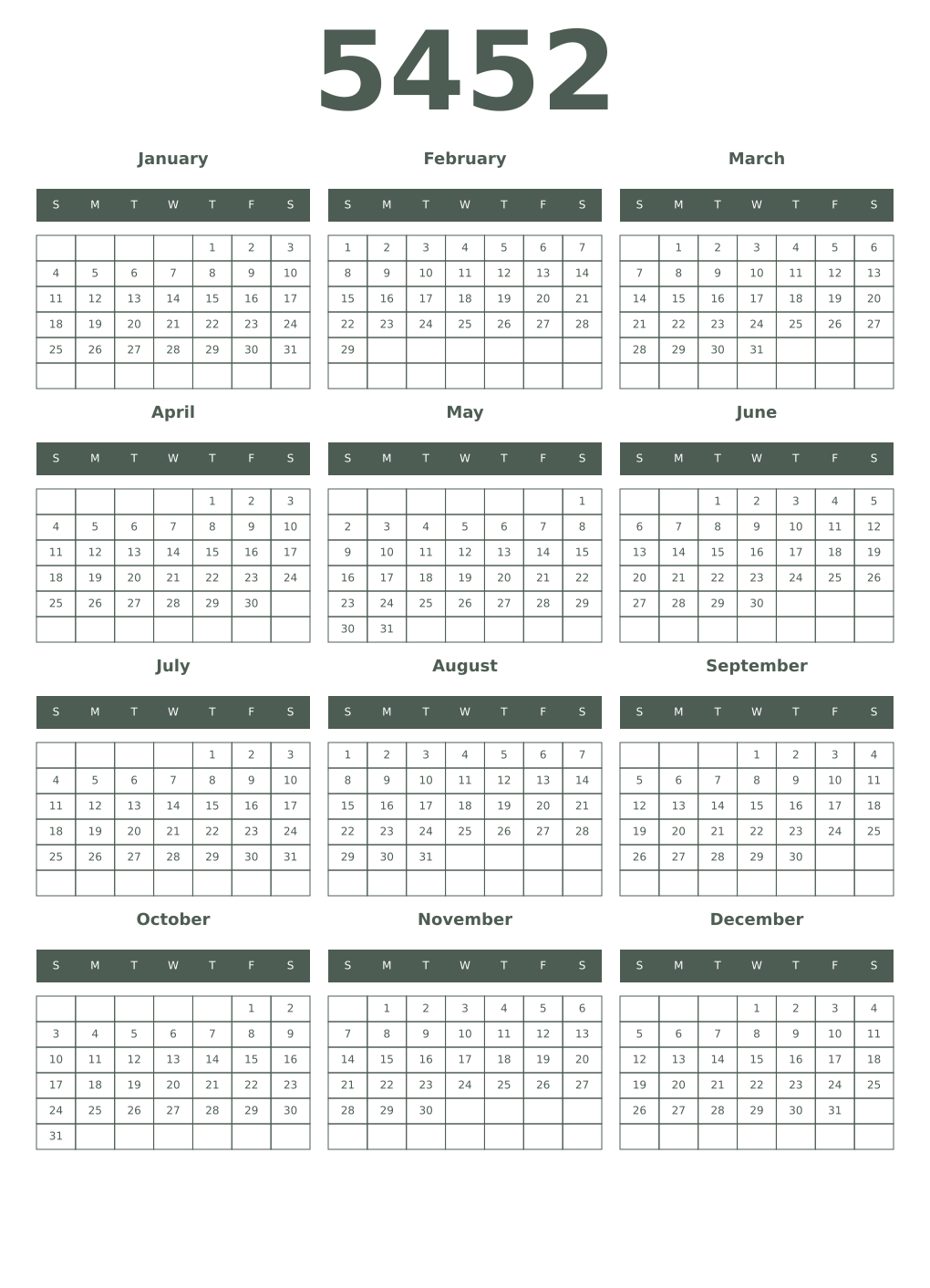 Printable 5452 Year Calendars feldgrau