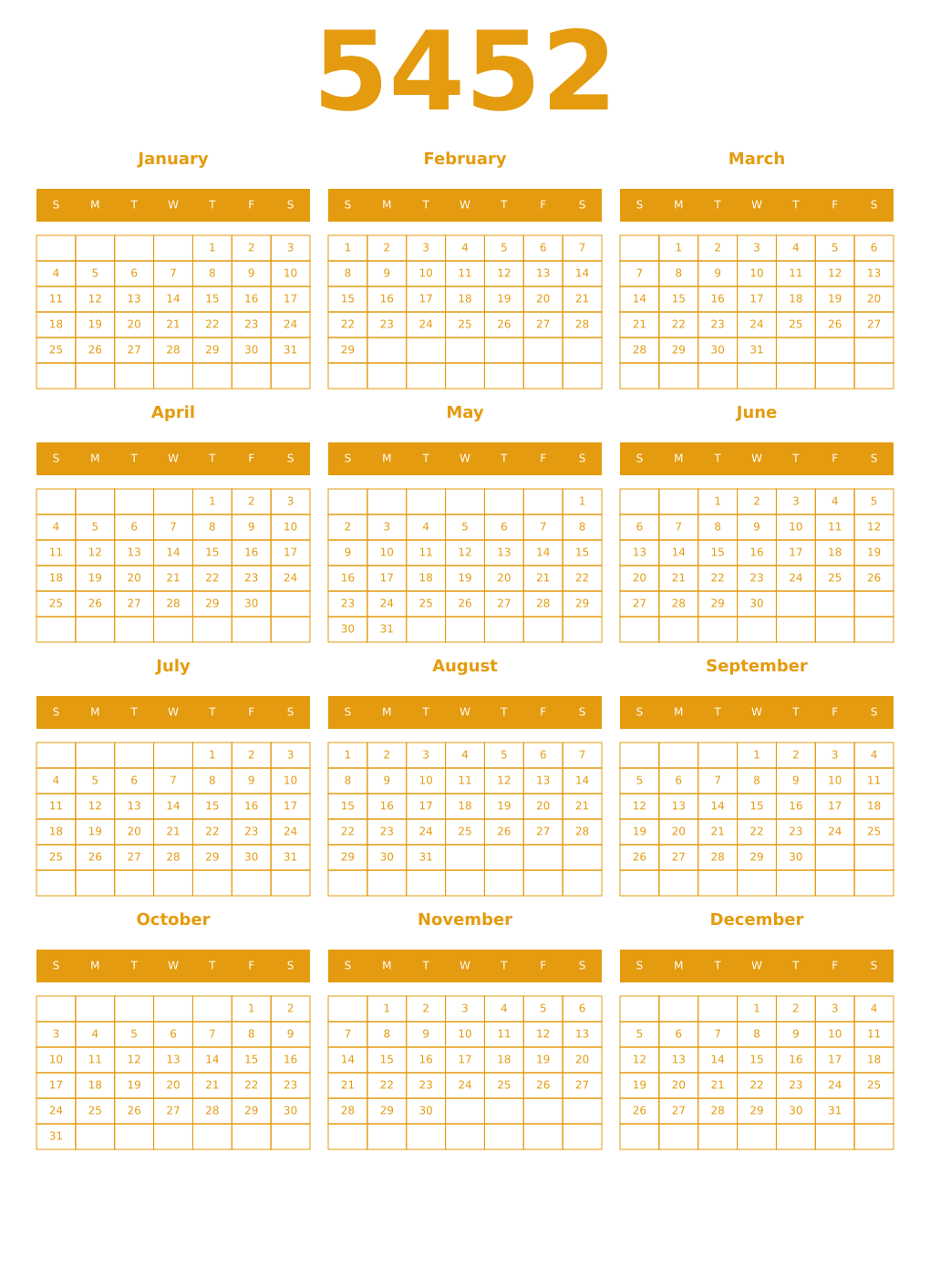 Printable 5452 Year Calendars gamboge