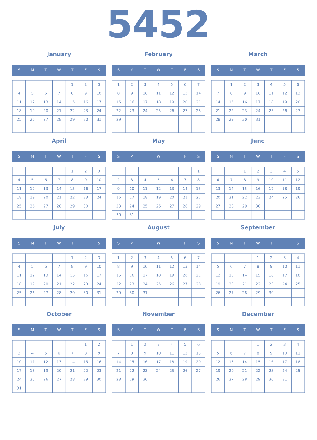 Printable 5452 Year Calendars glaucous