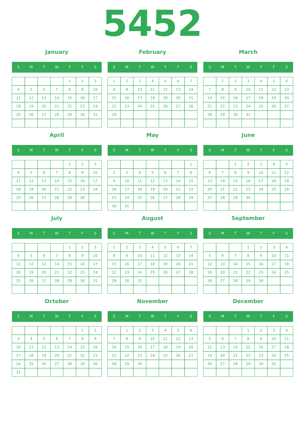 Printable 5452 Year Calendars green