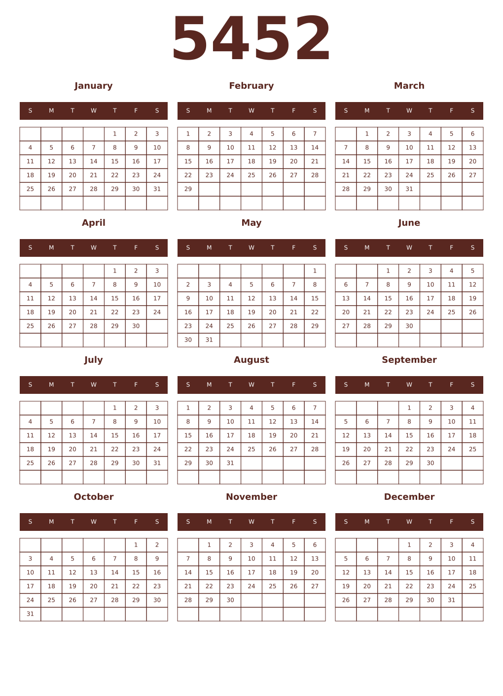 Printable 5452 Year Calendars mortuum