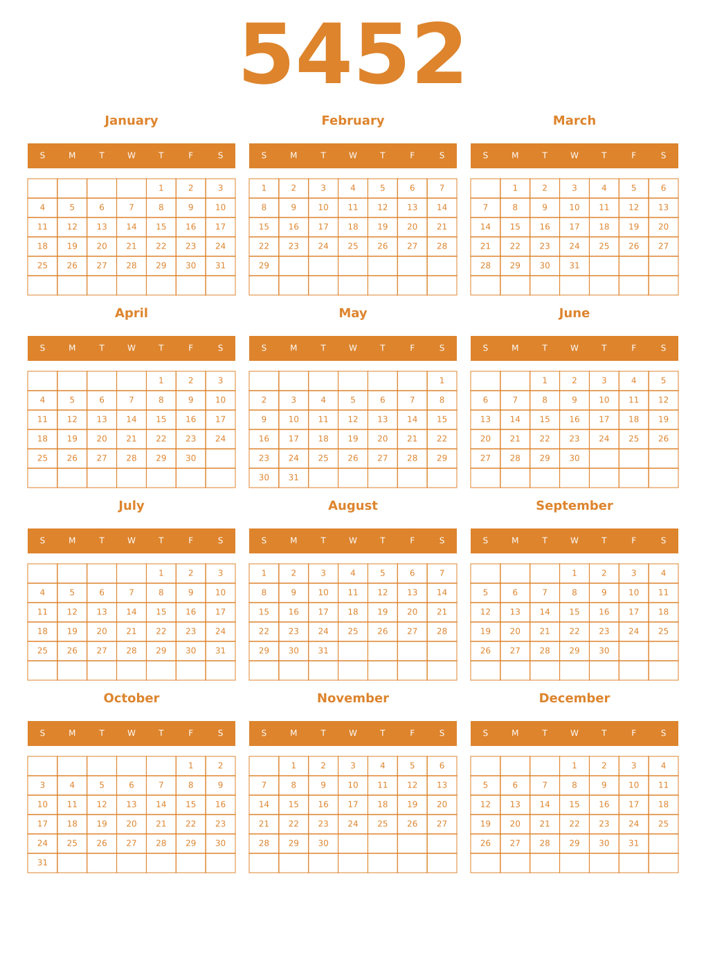 Printable 5452 Year Calendars orange