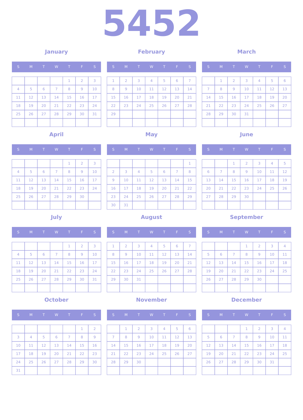Printable 5452 Year Calendars periwinkle