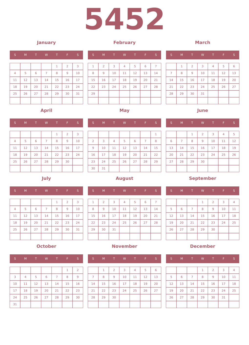 Printable 5452 Year Calendars puce