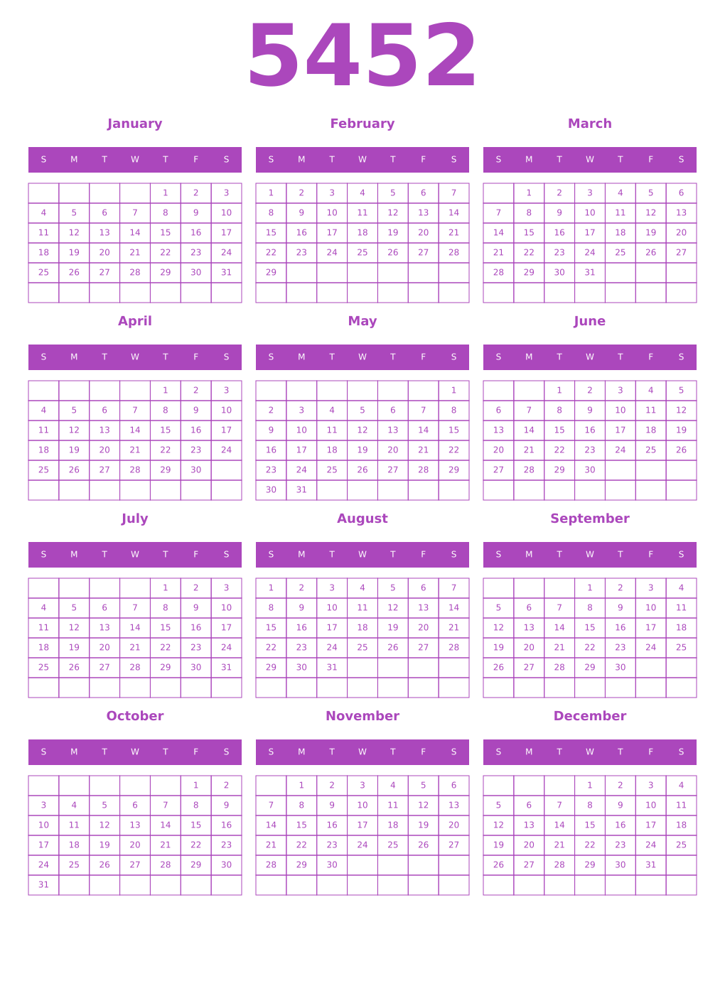 Printable 5452 Year Calendars purple