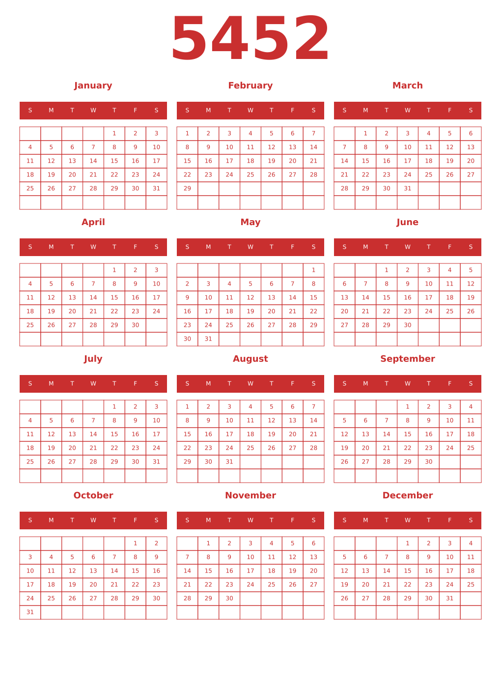 Printable 5452 Year Calendars red