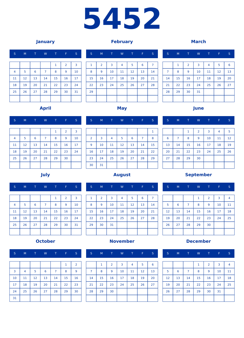 Printable 5452 Year Calendars smalt