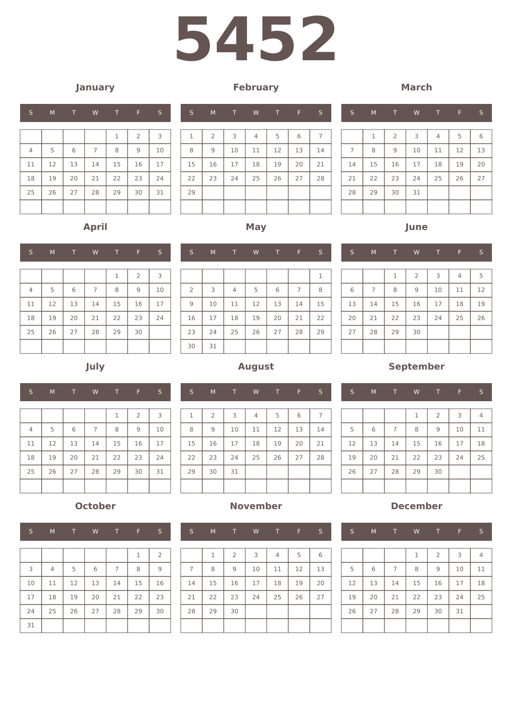 Printable 5452 Year Calendars wenge