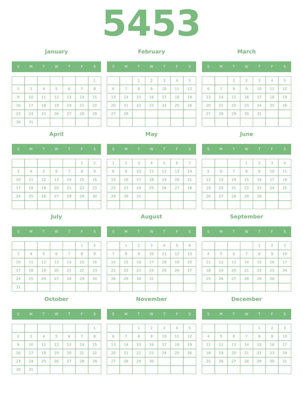 Printable 5453 Year Calendars celadon