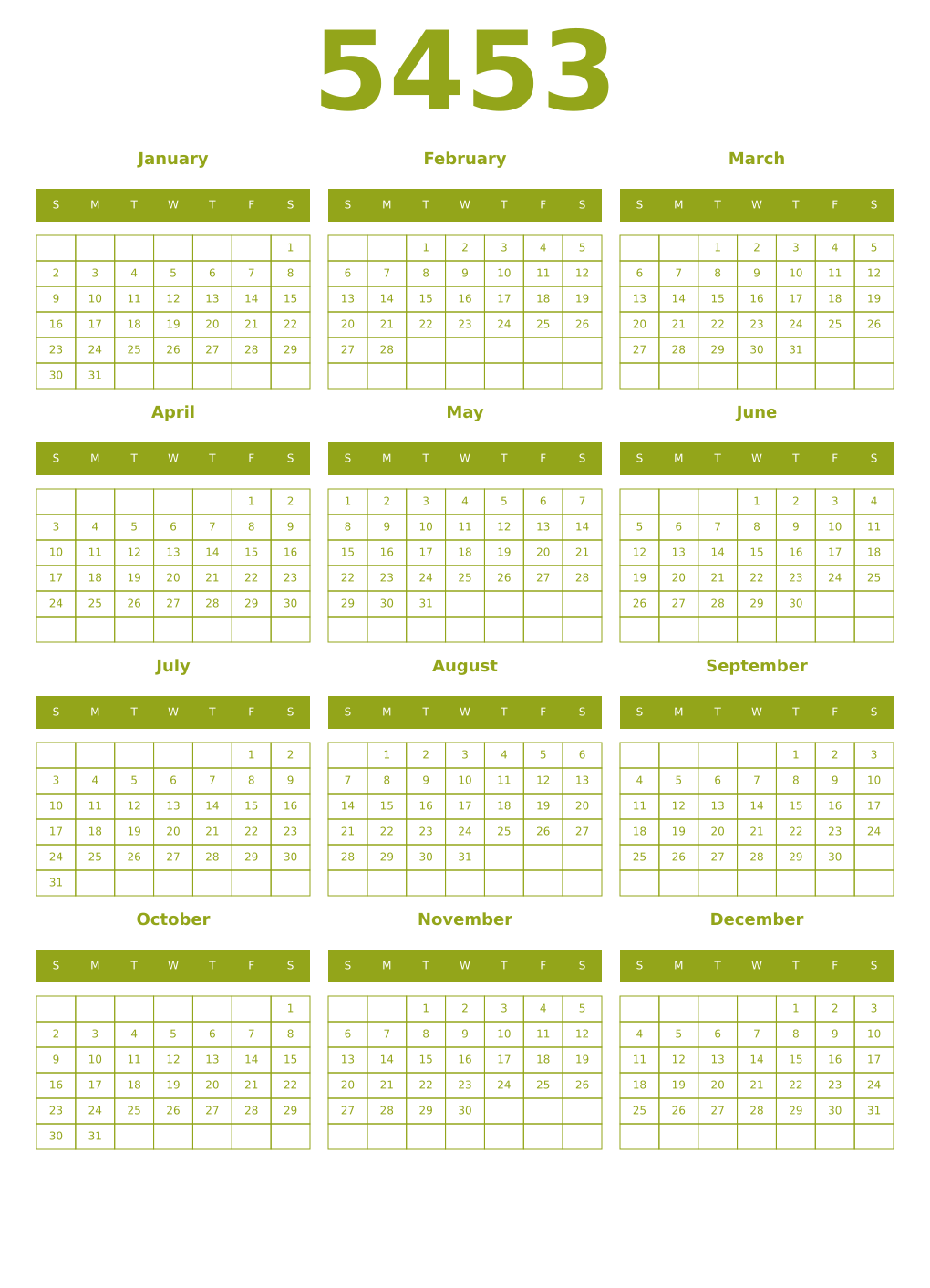 Printable 5453 Year Calendars chartreuse