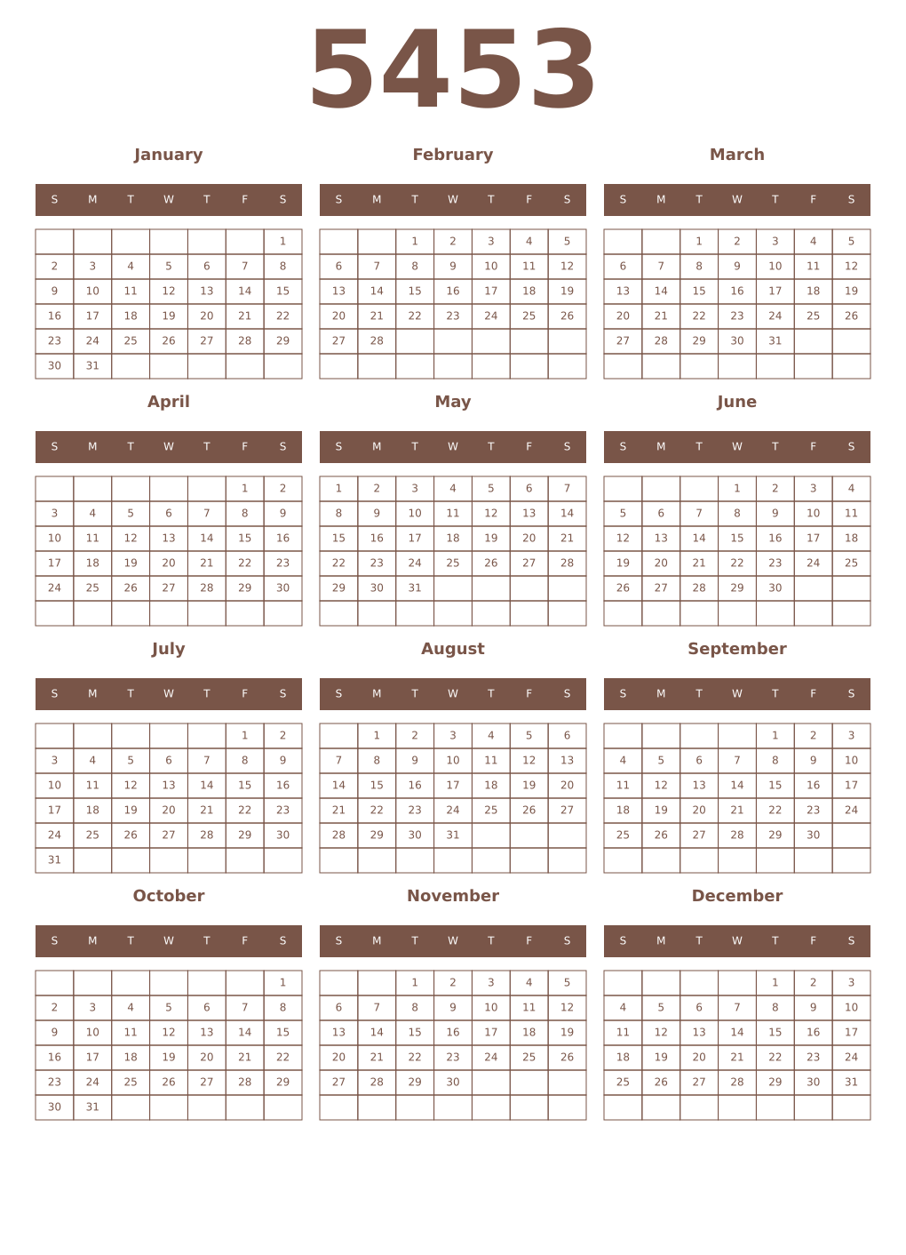 Printable 5453 Year Calendars coffe