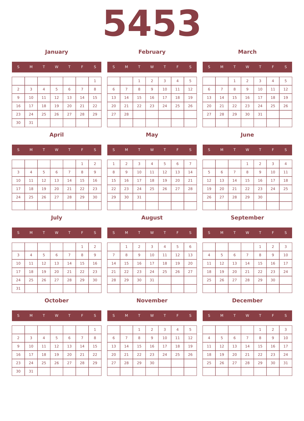 Printable 5453 Year Calendars cordovan