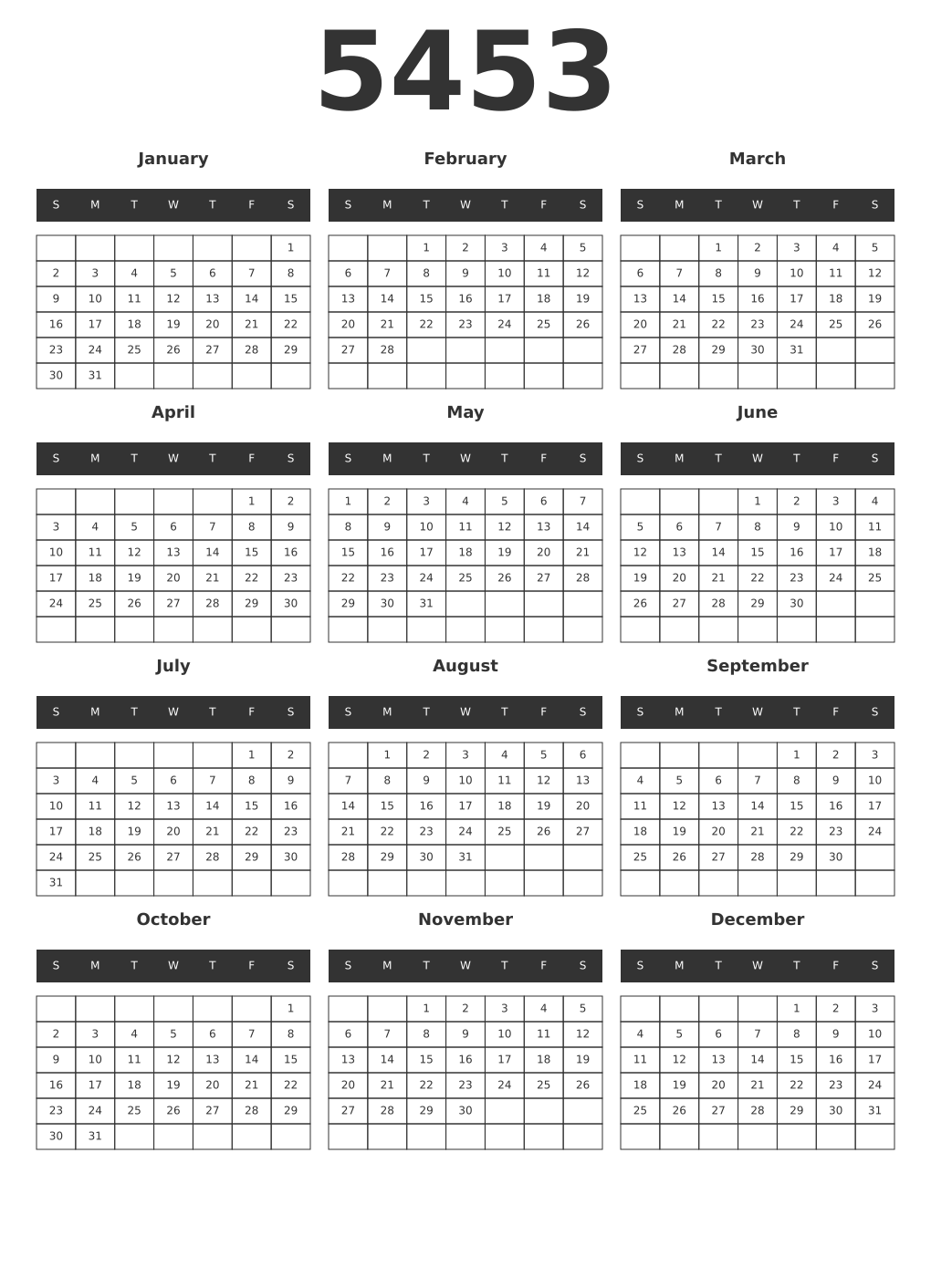 Printable 5453 Year Calendars dark