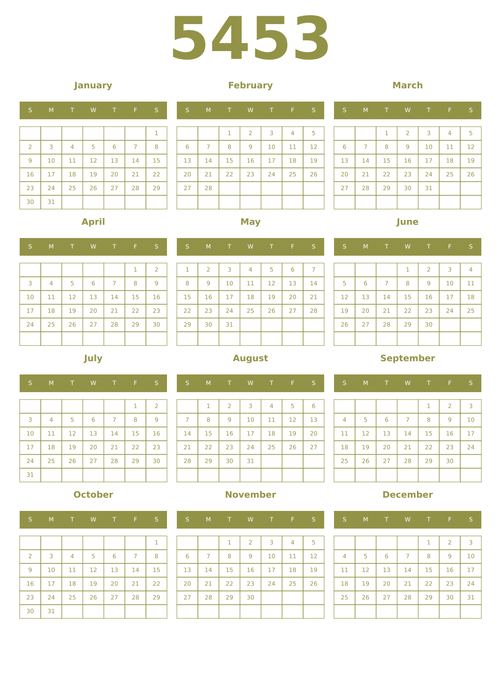 Printable 5453 Year Calendars eburnean