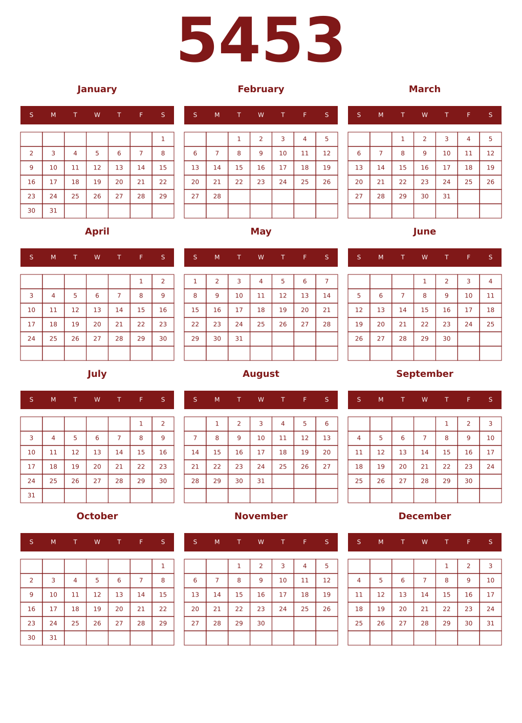 Printable 5453 Year Calendars falu